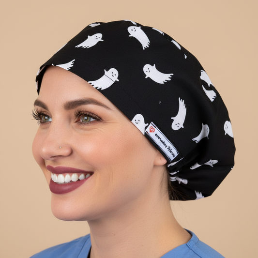 Signature model with big happy smile wearing ghost scrub cap - left profile - 3000x3000px