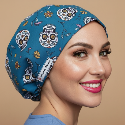 Sugar skull scrub cap back side - signature pose and face - white skulls with flowers on teal - 3000x3000px