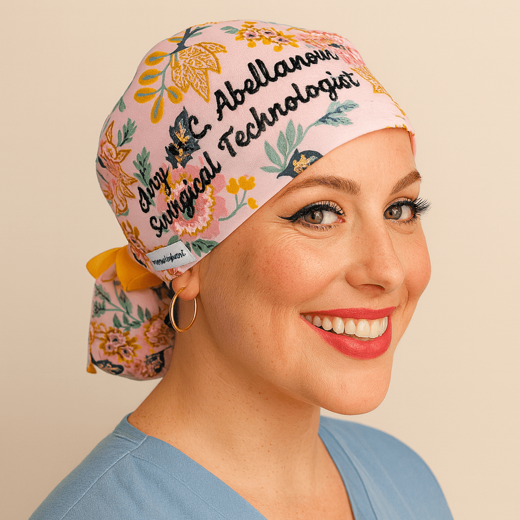 personalized scrub cap, floral scrub hat, surgical technologist cap, custom name scrub hat, ponytail scrub cap, nurse headwear, medical scrub hat, embroidered scrub cap, satin lined scrub hat, mask button cap, doctor scrub cap, gift for nurse, healthcare headwear
