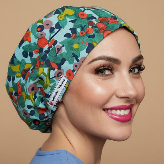 Red flower scrub cap with smiling healthcare professional - vibrant floral bouffant surgical hat featuring red flowers on satin finish - euro style OR cap for women with adjustable fit perfect for long hair - custom nurse scrub cap with name embroidery option - anatomical medical headwear for nurses doctors veterinarians - satin lined bouffant with elastic toggle closure - woman with hot pink lipstick green hazel eyes showing confident smile - - professional medical apparel