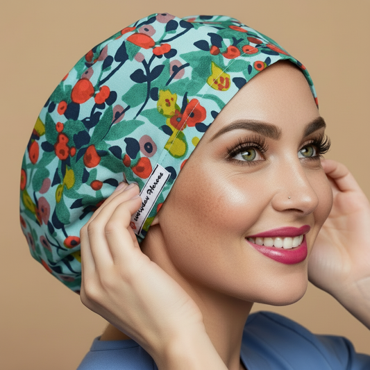 Red flower scrub cap with smiling healthcare professional - vibrant floral bouffant surgical hat featuring red flowers on satin finish - euro style OR cap for women with adjustable fit perfect for long hair - custom nurse scrub cap with name embroidery option - anatomical medical headwear for nurses doctors veterinarians - satin lined bouffant with elastic toggle closure - woman with hot pink lipstick green hazel eyes showing confident smile - - professional medical apparel