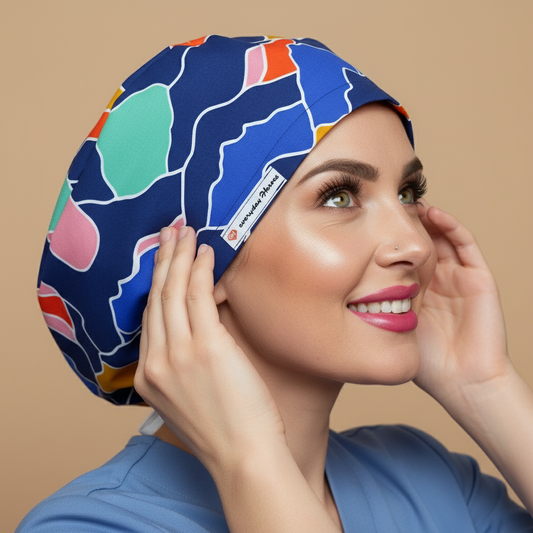 Scrub caps women front view playful wink - blue waves abstract bouffant with vibrant navy royal blue turquoise orange pink yellow shapes - satin lined scrub cap nurse gift - OR surgery euro scrub hats for dental surgical cap medical assistant - custom name embroidery option - adjustable elastic fit - woman with hot pink lipstick green hazel eye winking playfully - Everyday Heroes brand label visible - professional medical headwear - modern abstract wave pattern - gift for nurses doctors