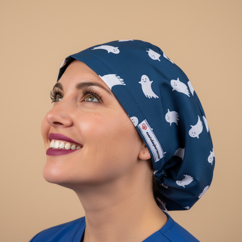 Woman in profile looking up with heartfelt smile wearing navy ghost scrub cap