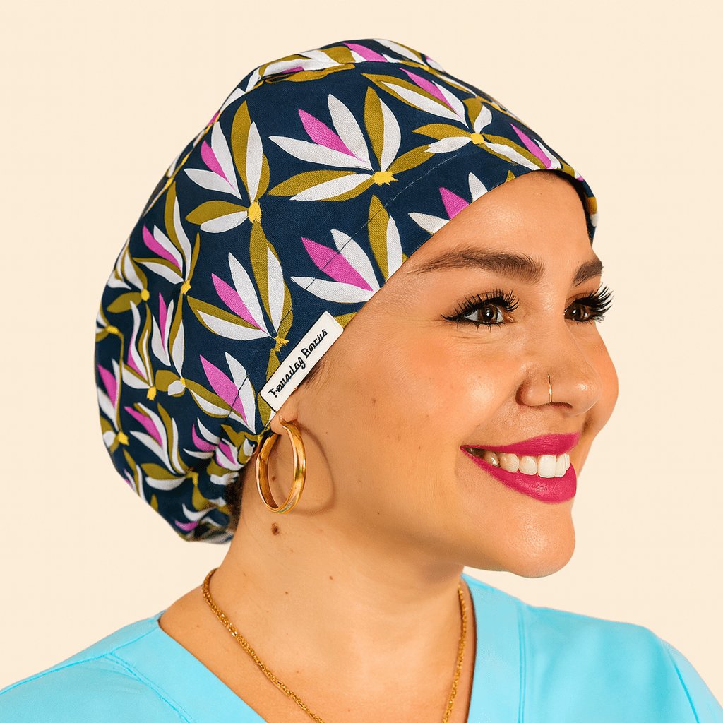 surgical cap woman floral  with water lillys purple and pink colors , the scrub hat is euro style.