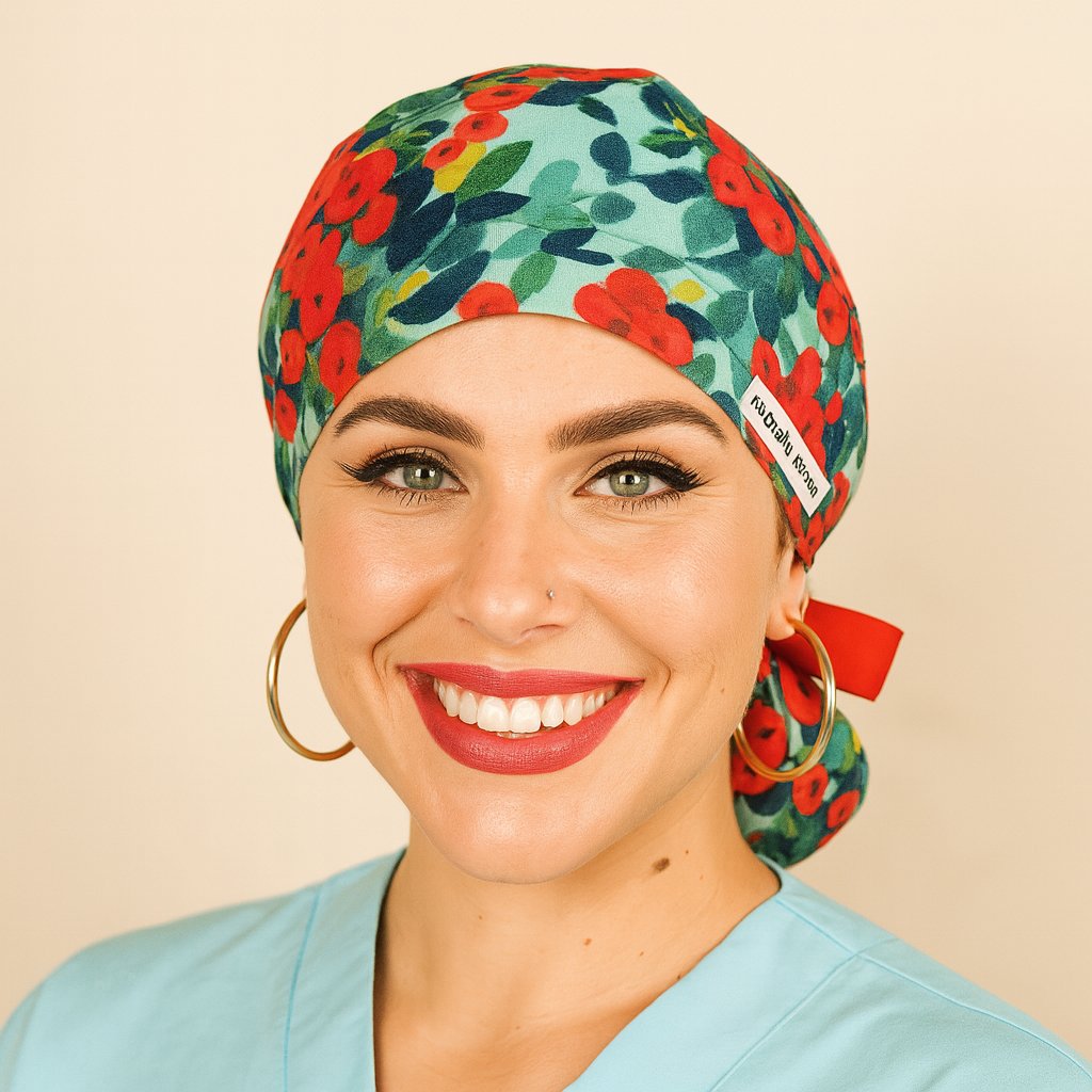 Bold Floral Ponytail Scrub Cap Custom Anesthesia Scrub Hats Satin Lined Nurse cap