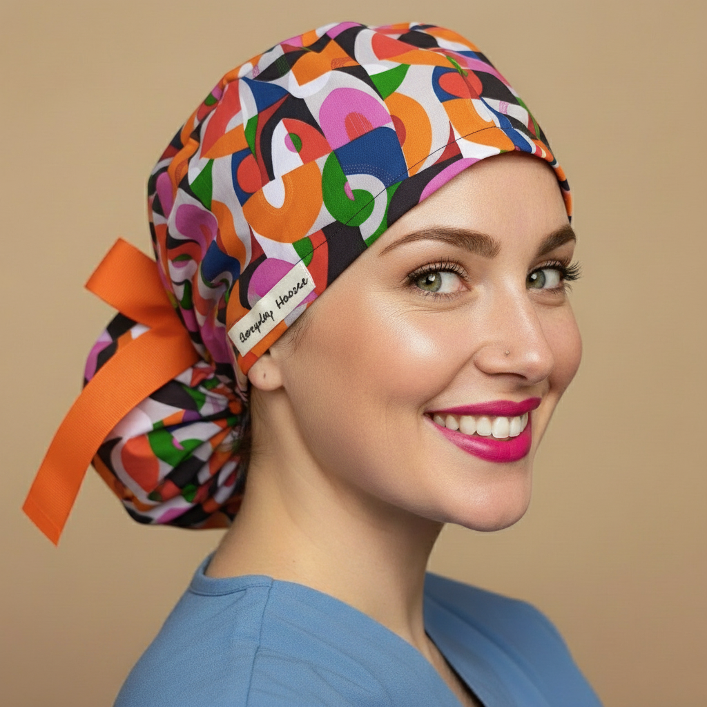 Ponytail scrub cap for nurses back view showing ponytail pouch and hot pink ribbon bow. Surgical cap for women with long hair