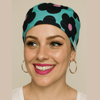 A woman with a bright smile and a colorful patterned headband is the focus of the image.