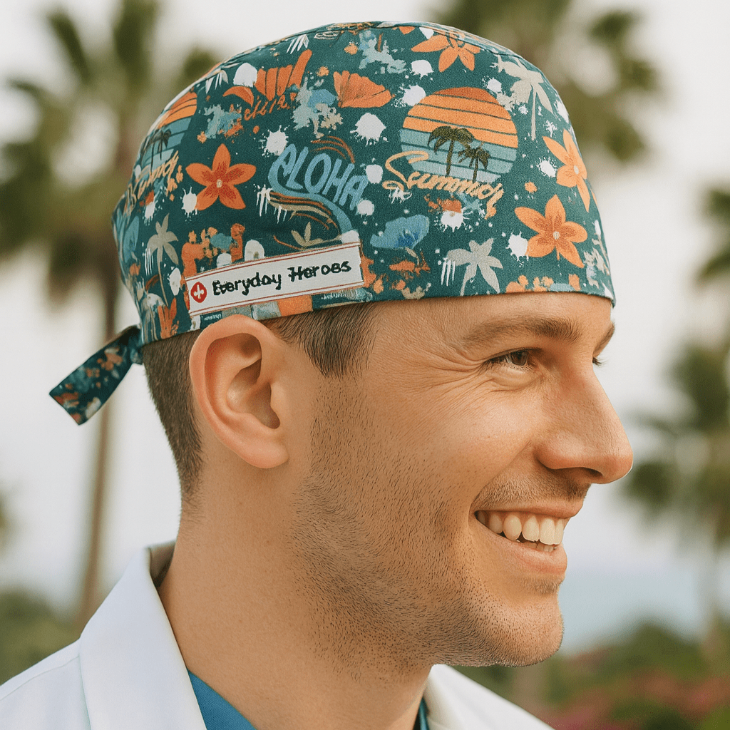 scrub cap surgeons for mens a perfect surgical cap for doctors , a man wearing a scrub hat with Hawaii print and smilling 