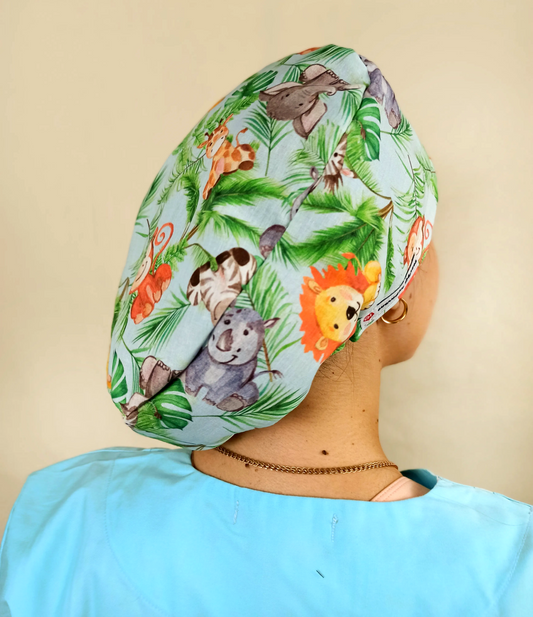 Safari Monkeys & Lions Scrub Cap -Satin & Name Option - [scrub_hat]-[scrub_cap_for_women]-[surgical_cap]