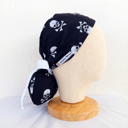 White Skull on a black  Scrub Cap Ponytail 