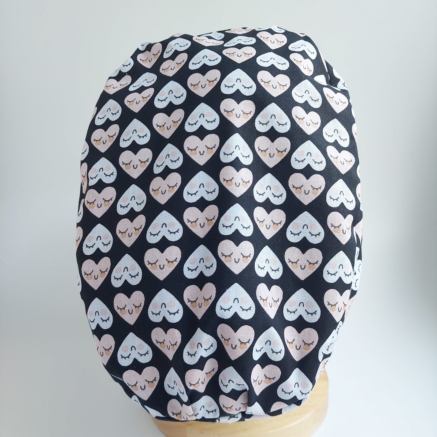 Black Scrub Cap with White Pink Hearts - Satin Lined Surgical Hat for Women