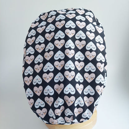Black Scrub Cap with White Pink Hearts - Satin Lined Surgical Hat for Women