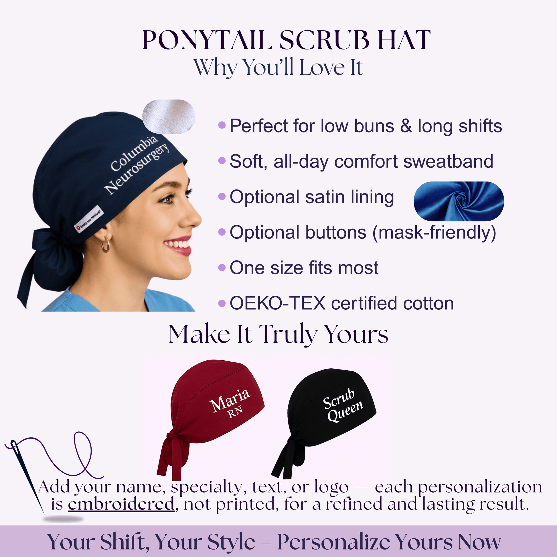 The image is an advertisement for a Ponytail Scrub Hat, featuring a woman wearing one and highlighting its features.