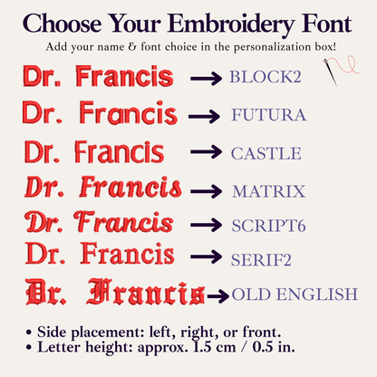 a selection of embroidery font options for a personalized design, including Dr. Francis, Block2, Futura, Castle, Matrix, Script6, SERIF2, and Old English.