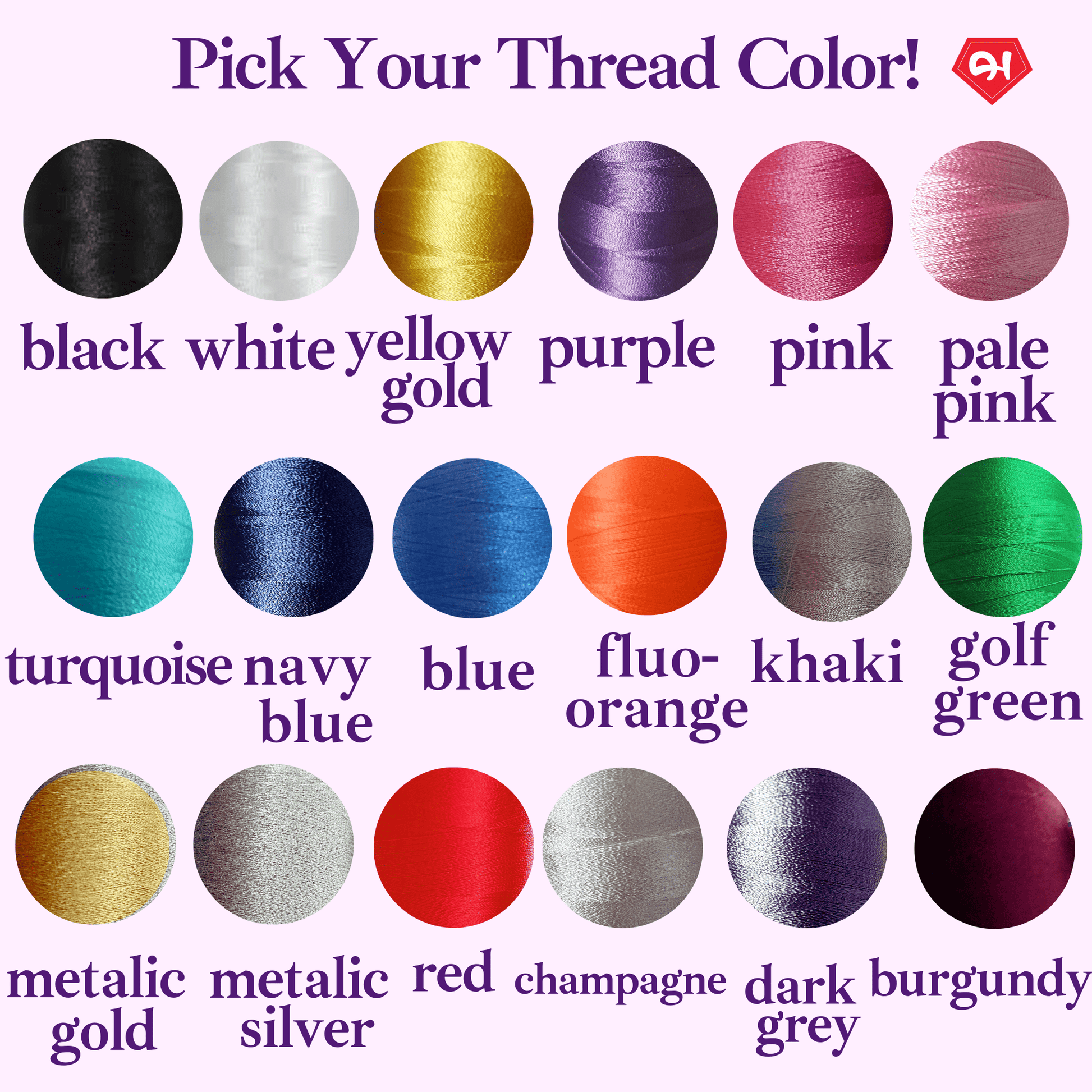 a collection of 16 different thread colors, each with a corresponding description, arranged in a grid format. The text provides a visual guide for selecting the appropriate thread color based on the desired color.
