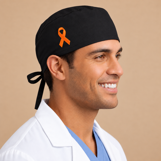 Custom Order – 32 Black Unisex Scrub Caps | Orange Ribbon Embroidery - [scrub_hat]-[scrub_cap_for_women]-[surgical_cap]