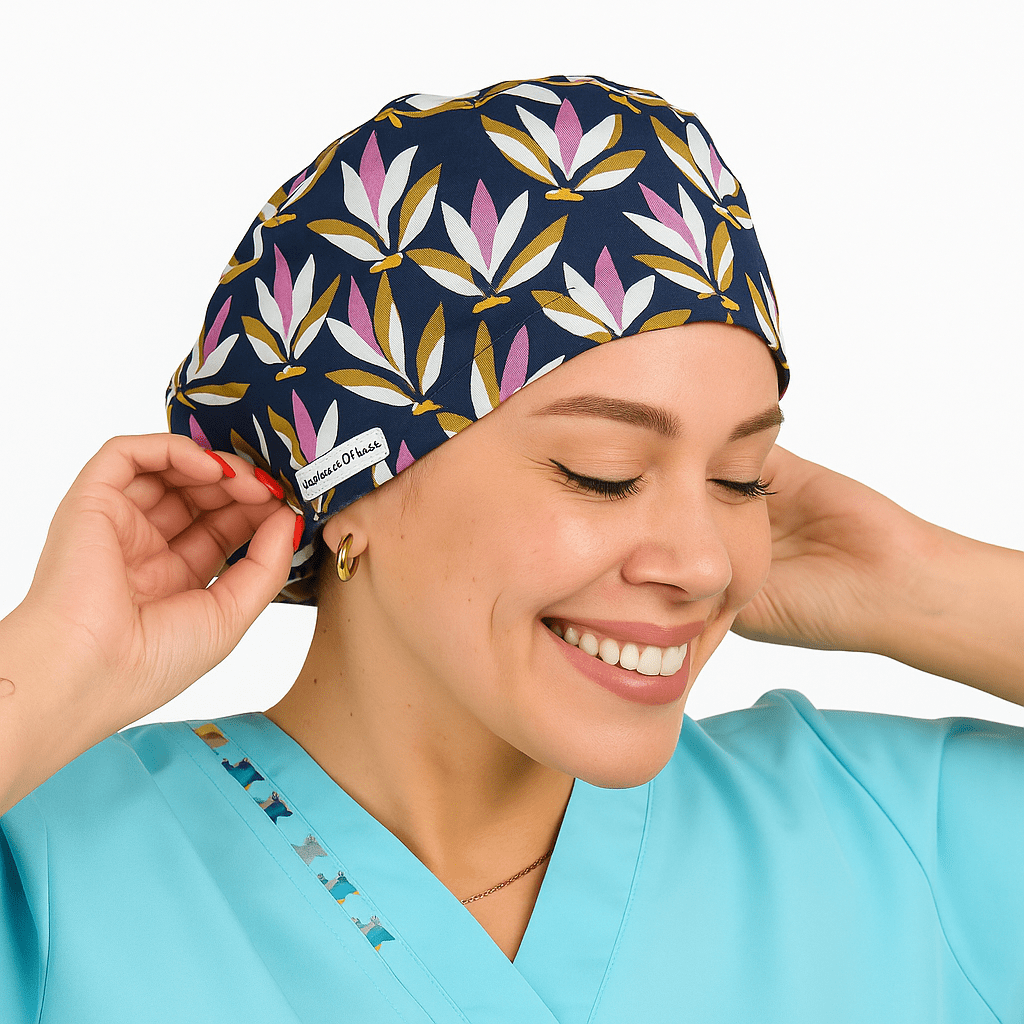 Waterlilly Floral Scrub Cap Custom - Surgical Cap Satin Lined - [scrub_hat]-[scrub_cap_for_women]-[surgical_cap]