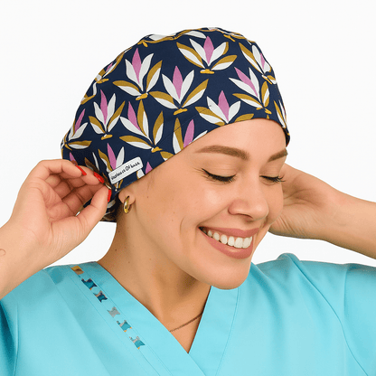 Waterlilly Floral Scrub Cap Custom - Surgical Cap Satin Lined - [scrub_hat]-[scrub_cap_for_women]-[surgical_cap]