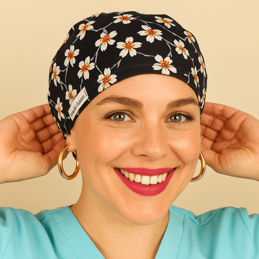 A woman wearing a black and white floral patterned headband and a turquoise shirt is smiling and adjusting her headband.