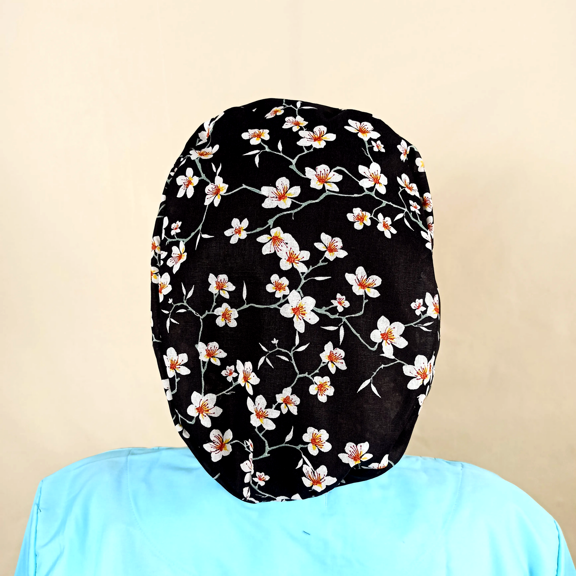floral custom scrub capwith satin , the flowers is from almond tree