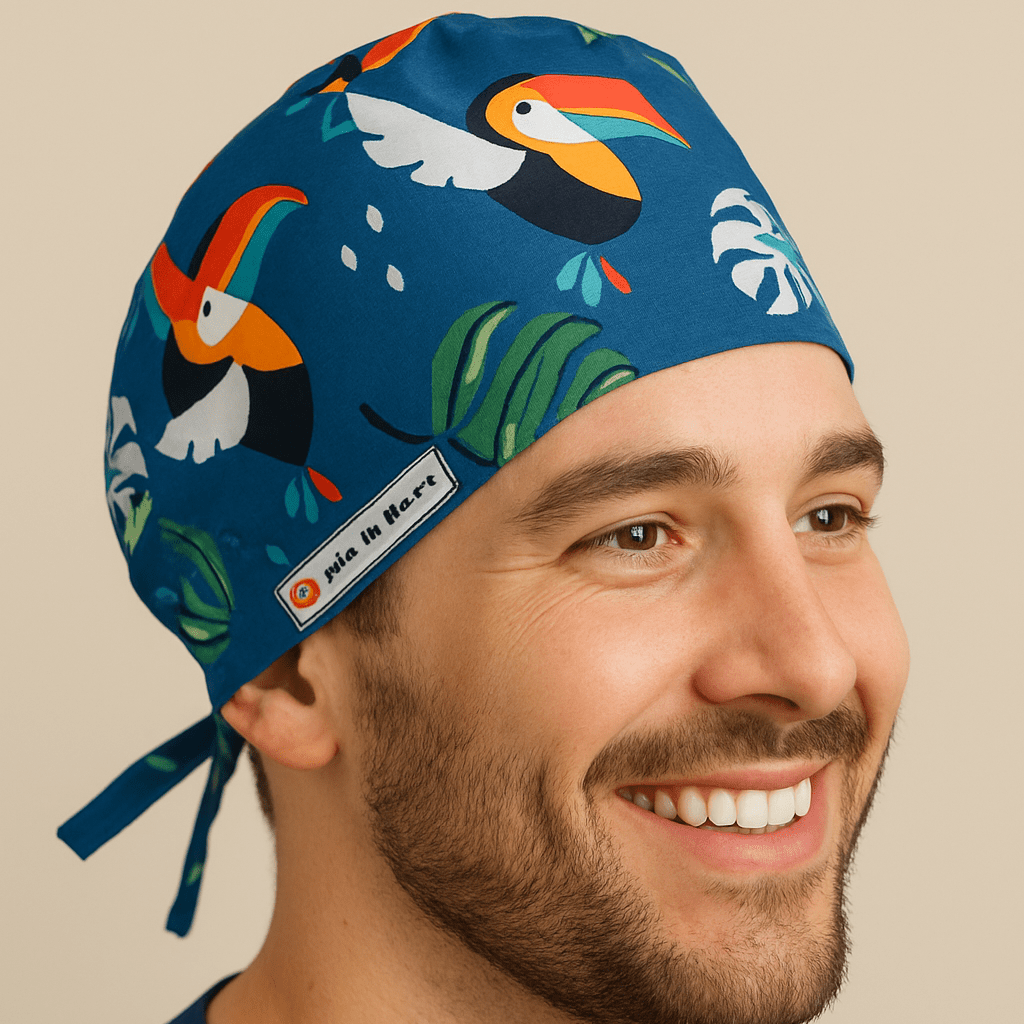 Smiling male surgeon wearing a tropical toucan print scrub cap in deep blue. Lightweight men’s surgical hat with tie-back design, perfect for doctors, surgeons, and medical staff. Ideal as a stylish and functional custom gift for doctors in the OR or clinic.