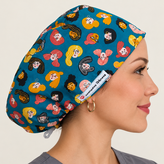 A woman in profile wearing a teal scrub cap with a colorful cartoon face pattern 