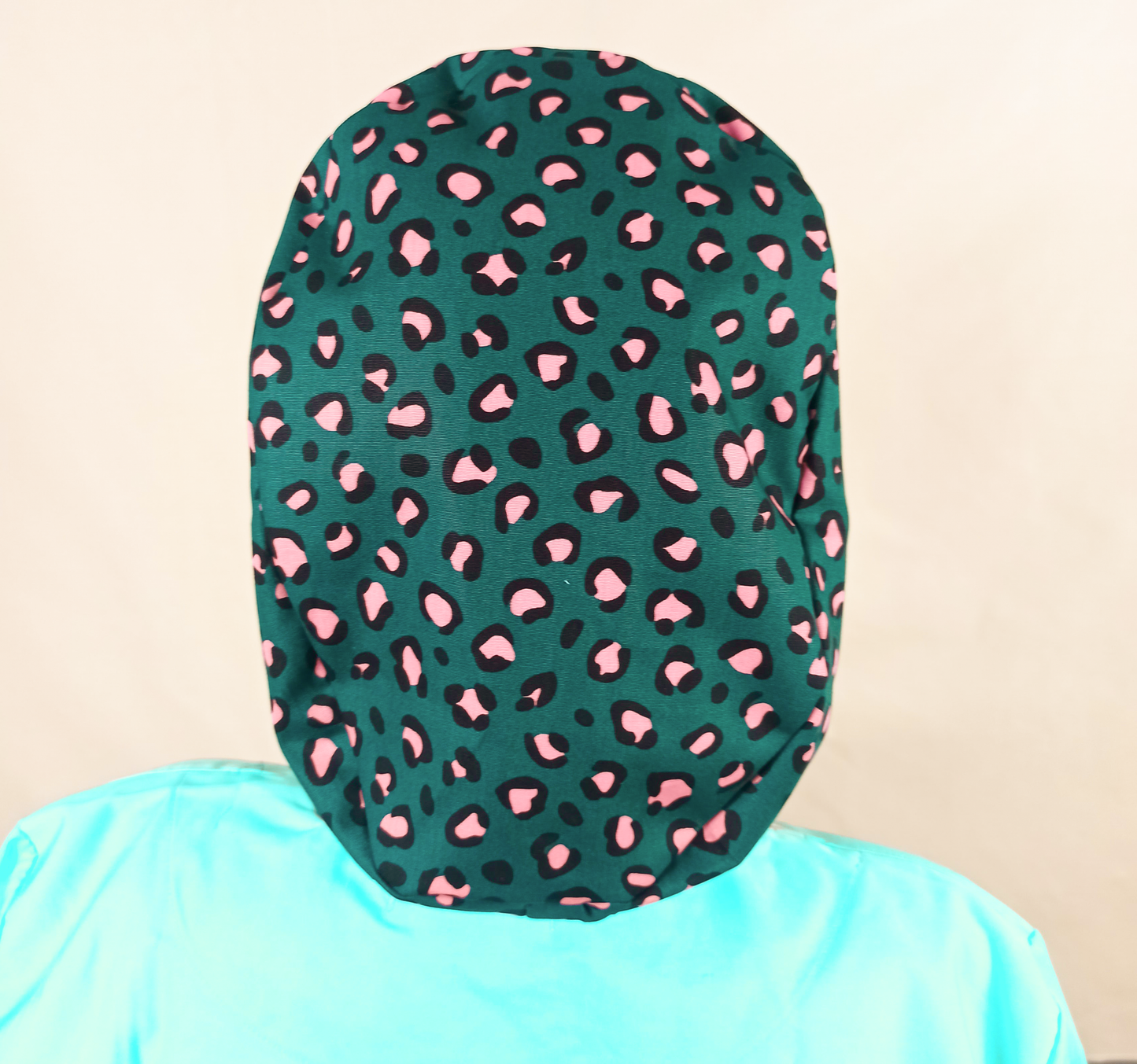 Pink Green Leopard Scrub Cap -Satin Lined Surgical Cap - [scrub_hat]-[scrub_cap_for_women]-[surgical_cap]