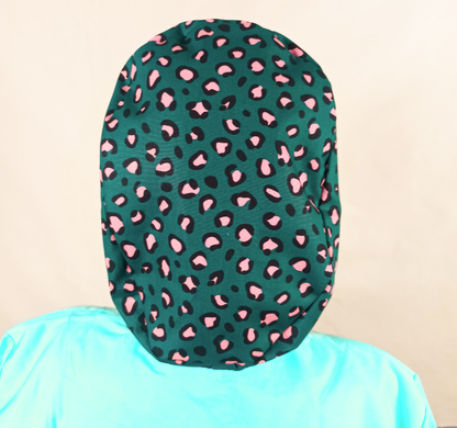Pink Green Leopard Scrub Cap -Satin Lined Surgical Cap - [scrub_hat]-[scrub_cap_for_women]-[surgical_cap]