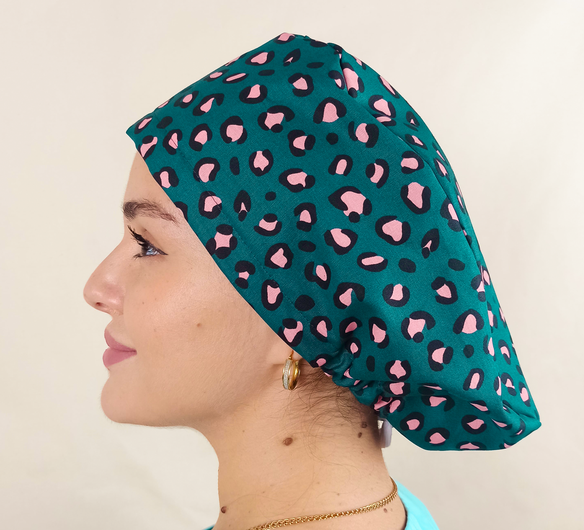 Pink Green Leopard Scrub Cap -Satin Lined Surgical Cap - [scrub_hat]-[scrub_cap_for_women]-[surgical_cap]