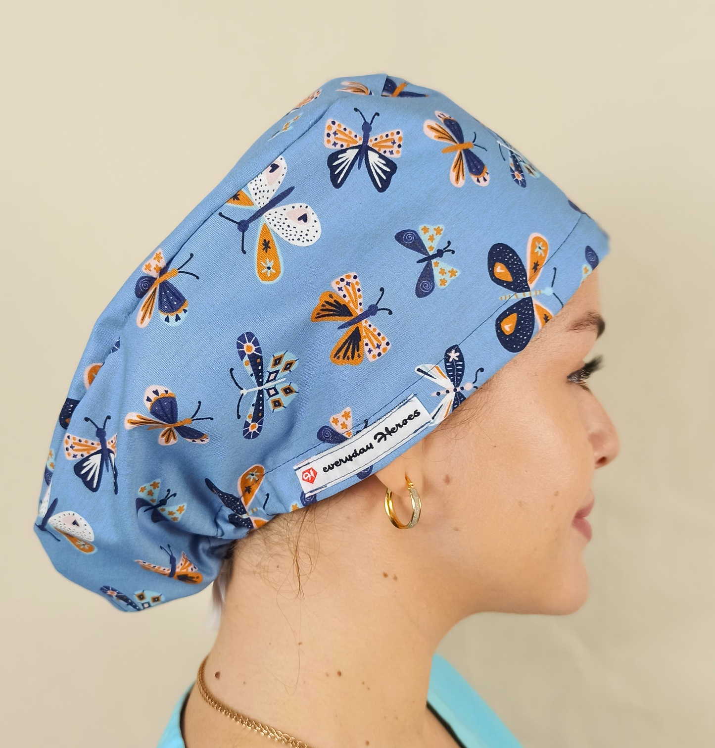 Blue Butterflies-Scrub Caps- Nurse Caps-Satin Lined and Optional Name Personalization