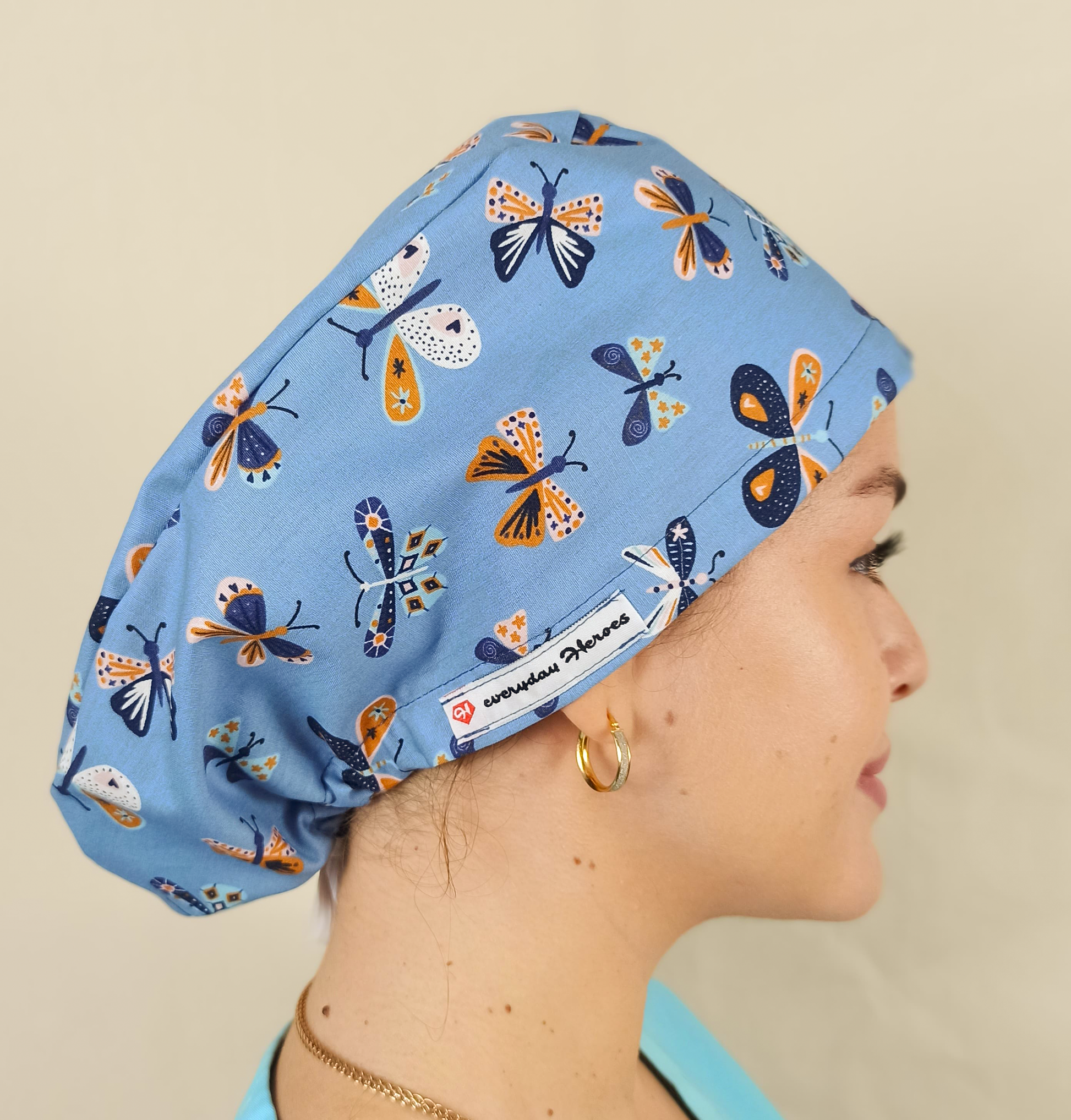 Blue Butterflies-Scrub Caps- Nurse Caps-Satin Lined and Optional Name Personalization