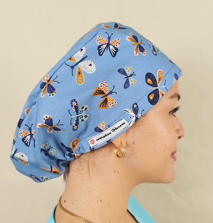 Blue Butterflies-Scrub Caps- Nurse Caps-Satin Lined and Optional Name Personalization