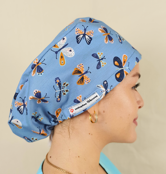 Blue Butterflies-Scrub Caps- Nurse Caps-Satin Lined and Optional Name Personalization