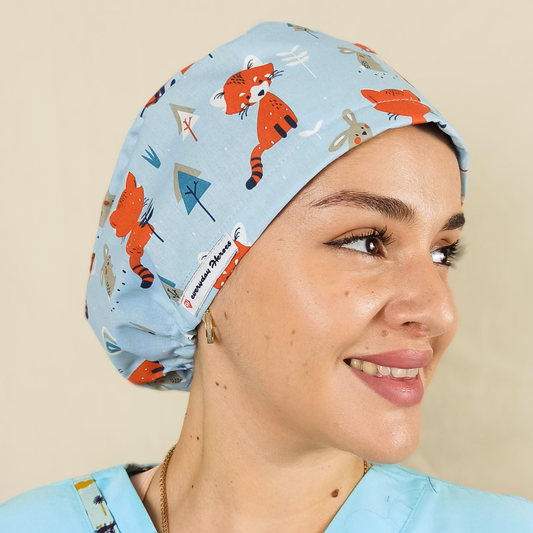 Scrub Caps Foxes Animals Satin Lined & Name Personalized Surgical Hat For Women.