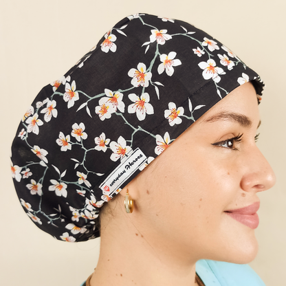 floral custom scrub capwith satin , the flowers is from almond tree