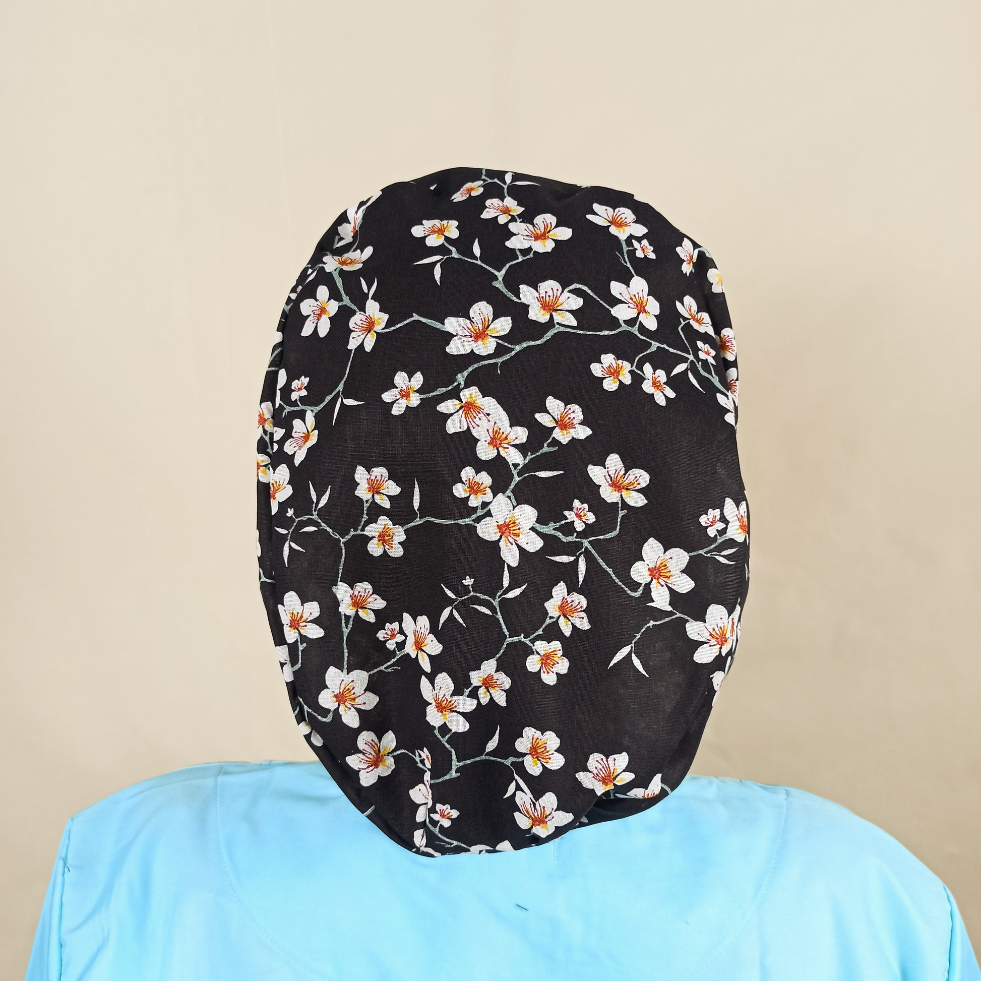 floral custom scrub capwith satin , the flowers is from almond tree