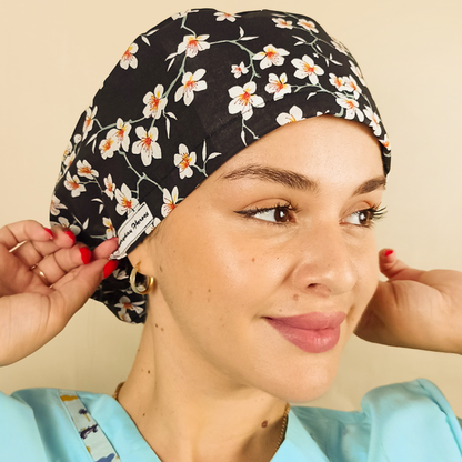 floral custom scrub capwith satin , the flowers is from almond tree
