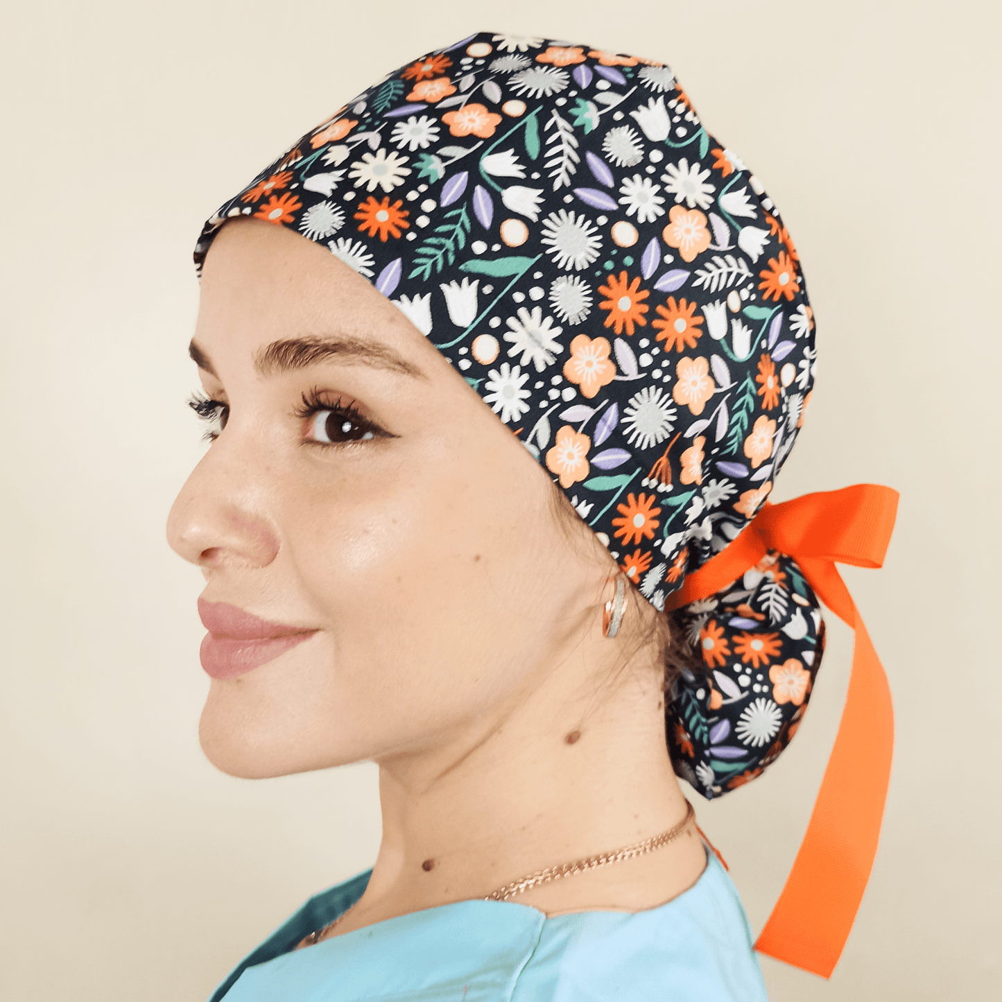 Scrub Cap Small Flowers - Ponytail Scrub Cap - [scrub_hat]-[scrub_cap_for_women]-[surgical_cap]