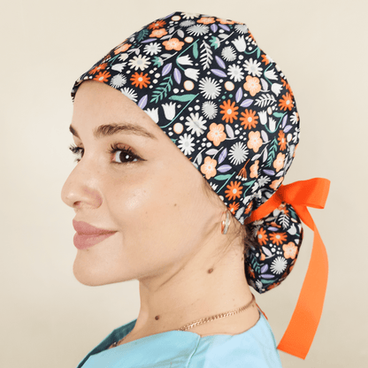 Scrub Cap Small Flowers - Ponytail Scrub Cap - [scrub_hat]-[scrub_cap_for_women]-[surgical_cap]