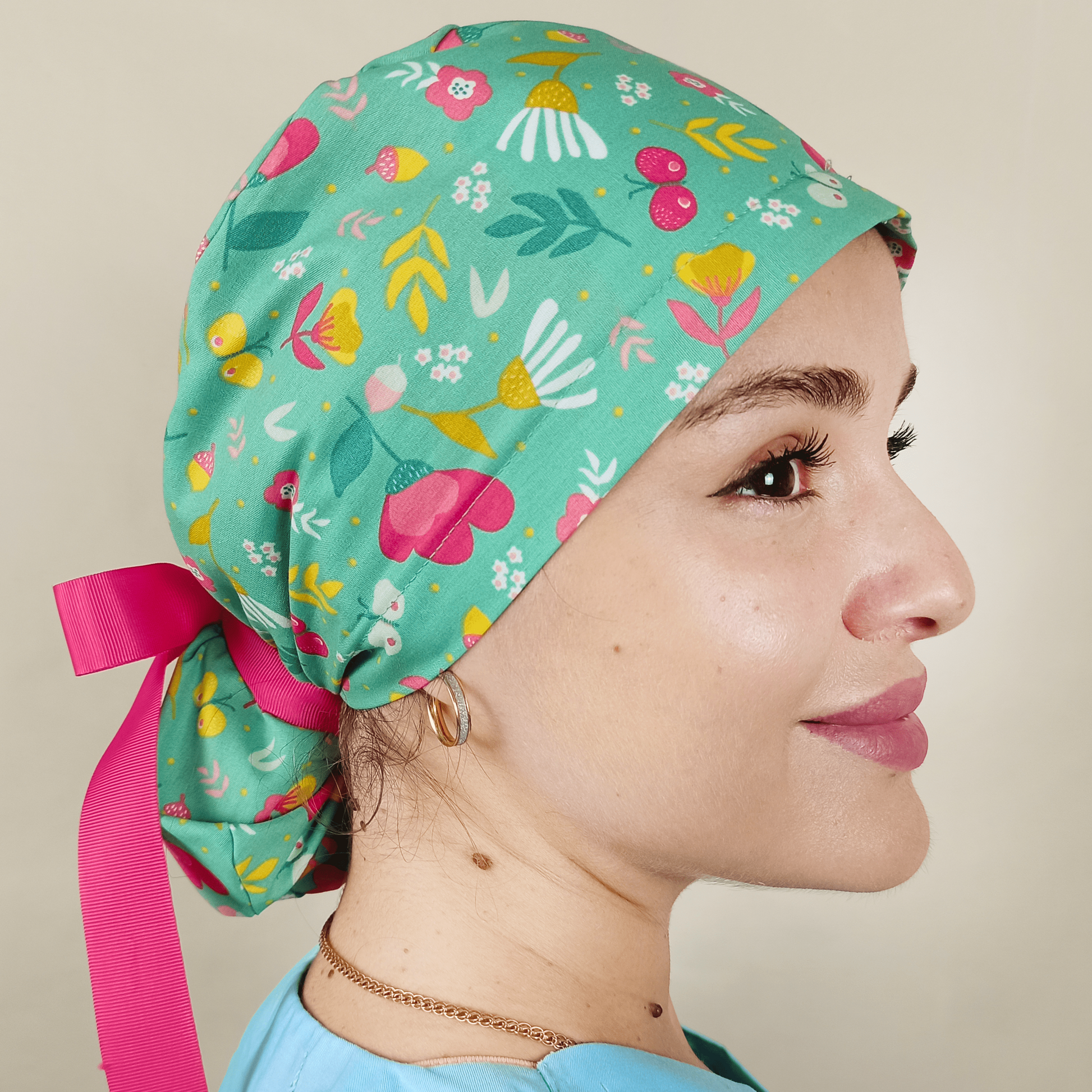 Floral  Butterfly Ponytail Scrub Cap - Satin Lined -Embroidery Personalization option 