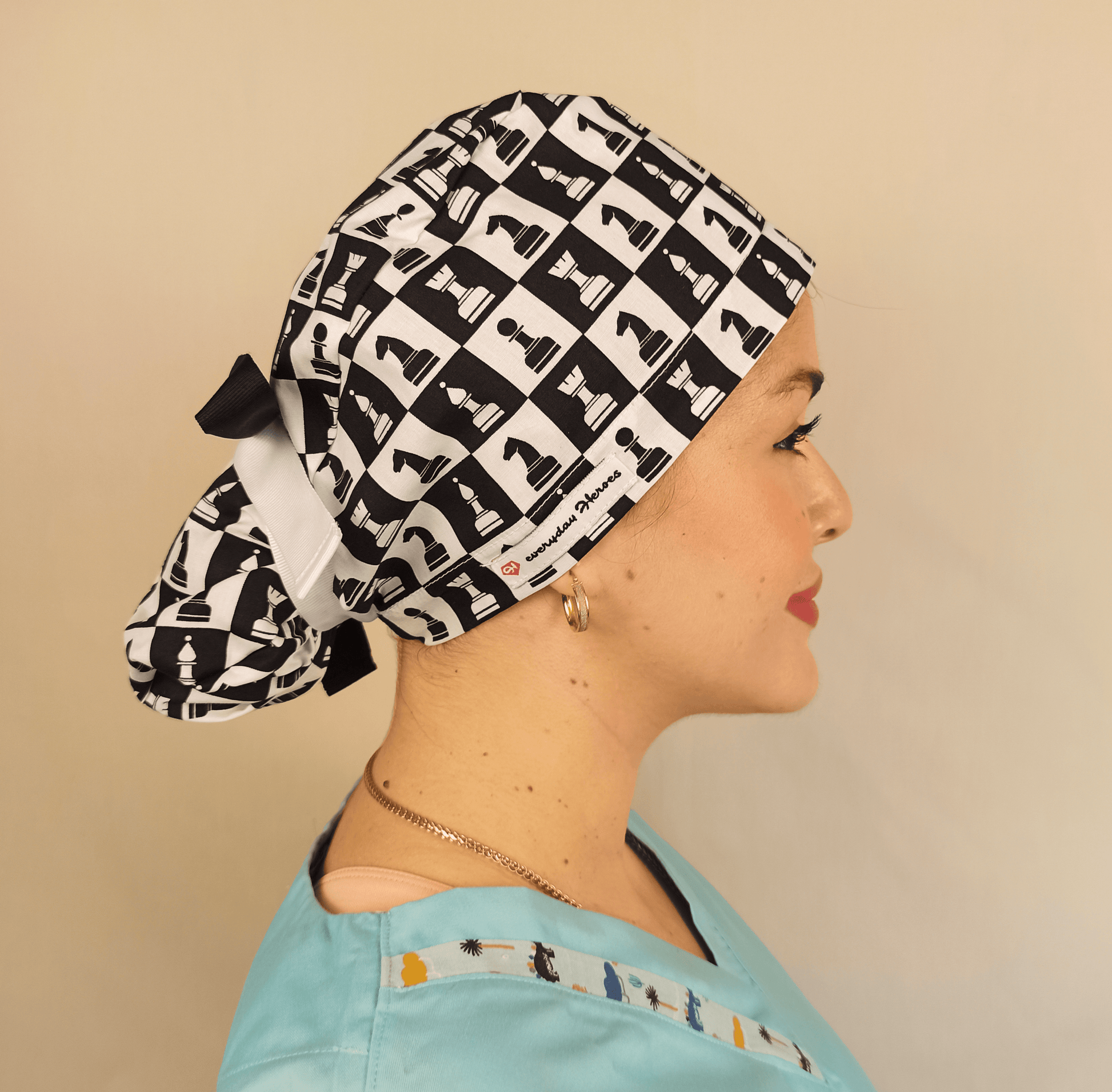 Chessboard Scrub Cap For Women Ponytail - Satin Lined & Embroidery Option