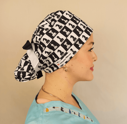 Chessboard Scrub Cap For Women Ponytail - Satin Lined & Embroidery Option