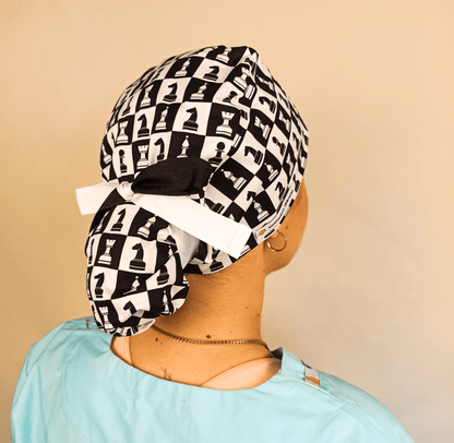 Chessboard Scrub Cap For Women Ponytail - Satin Lined & Embroidery Option