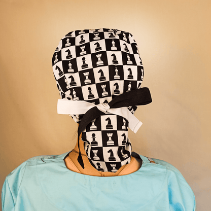 Chessboard Scrub Cap For Women Ponytail - Satin Lined & Embroidery Option