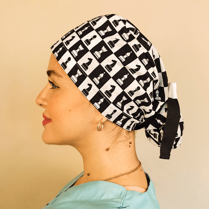 Chessboard Scrub Cap For Women Ponytail - Satin Lined & Embroidery Option