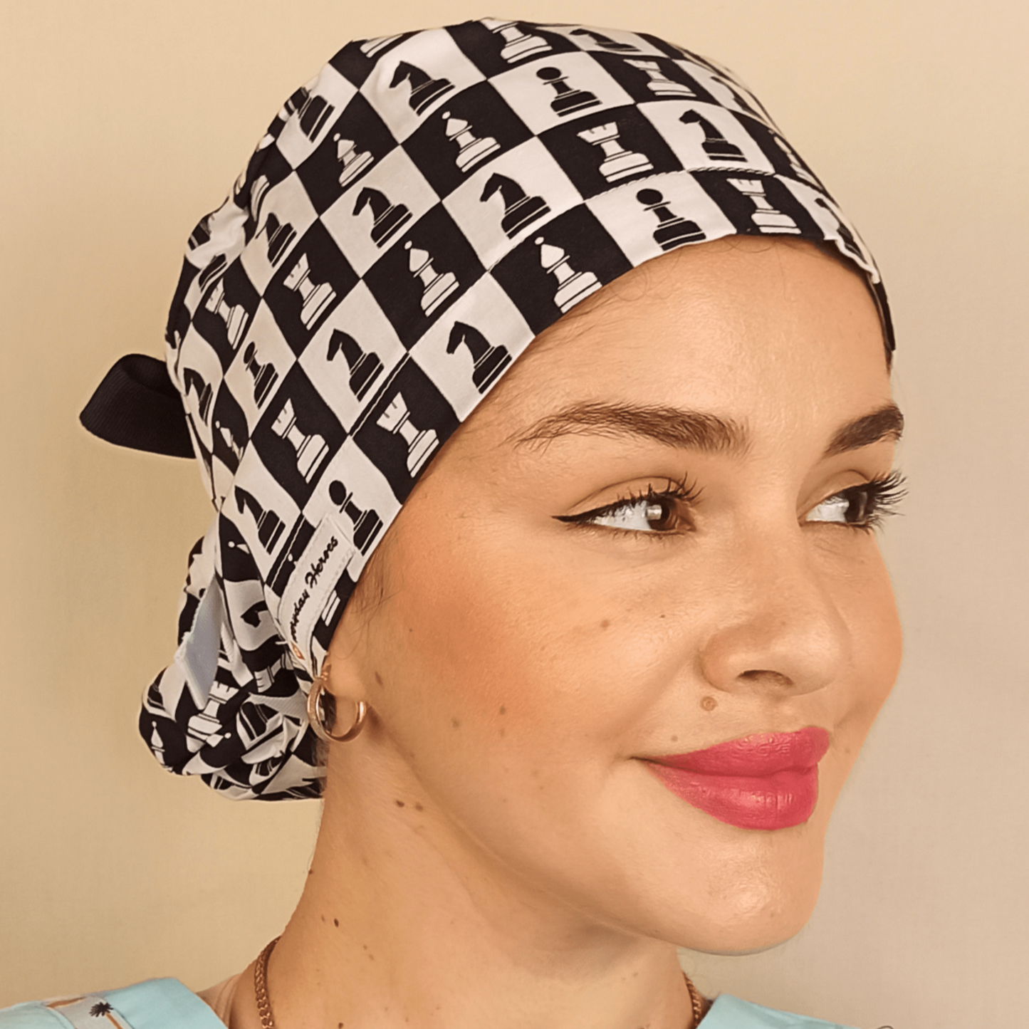 Chessboard Scrub Cap For Women Ponytail - Satin Lined & Embroidery Option