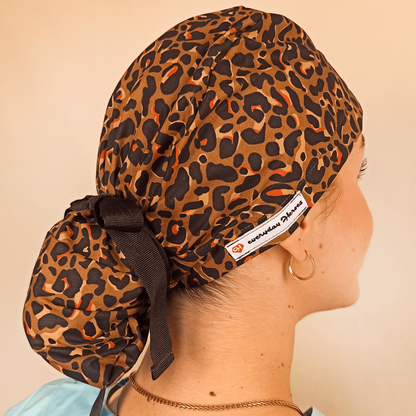 Surgical Ponytail Scrub Cap Leopard With Embroidery Personalization &Satin Option 