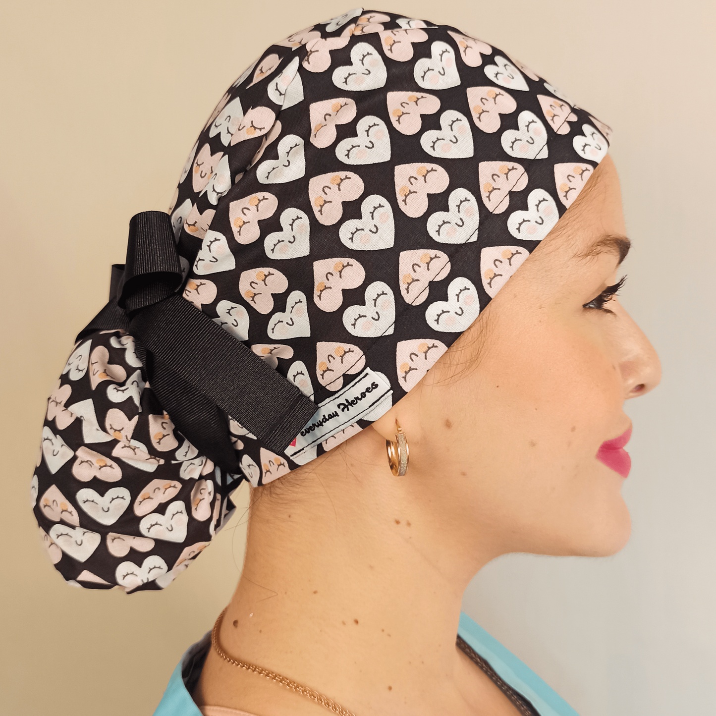 Black Pink Hearts Ponytail Scrub Cap with Satin Lining - Name Embroidery Personalization