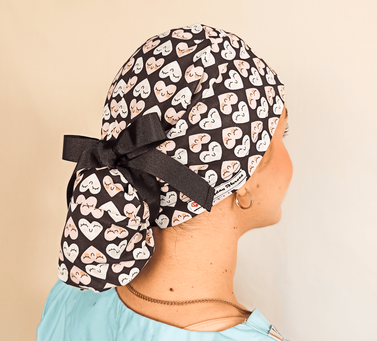Black Pink Hearts Ponytail Scrub Cap with Satin Lining - Name Embroidery Personalization - [scrub_hat]-[scrub_cap_for_women]-[surgical_cap]