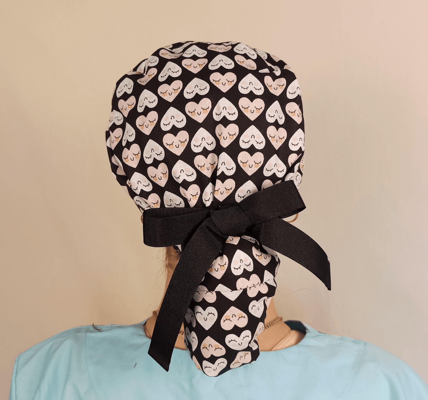 Black Pink Hearts Ponytail Scrub Cap with Satin Lining - Name Embroidery Personalization - [scrub_hat]-[scrub_cap_for_women]-[surgical_cap]